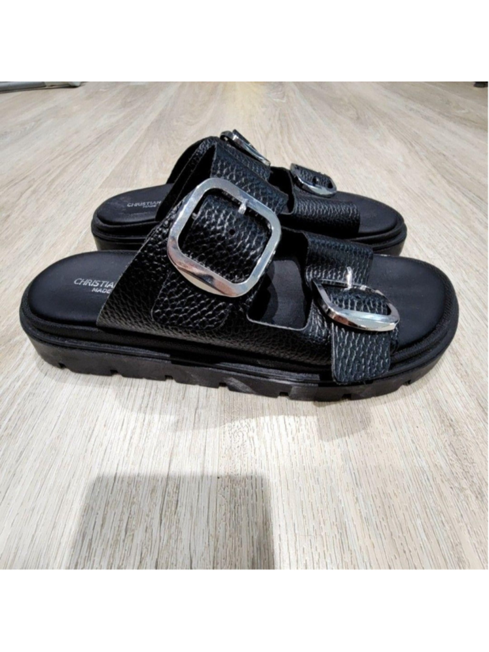 Christian Di Ricco Sandals Womens 5.5 Black Leather Slide Double Buckle Italy